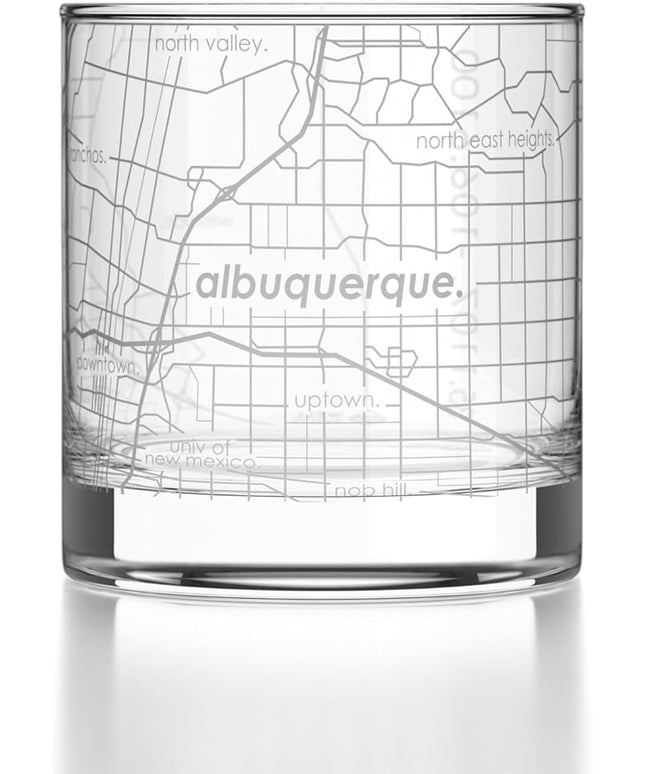 Well Told Engraved Albuquerque New Mexico Map Rocks Glass, Old Fashioned Glassware (11 oz, Clear) Etched Bourbon Tumbler, Gifts For Whiskey Lovers