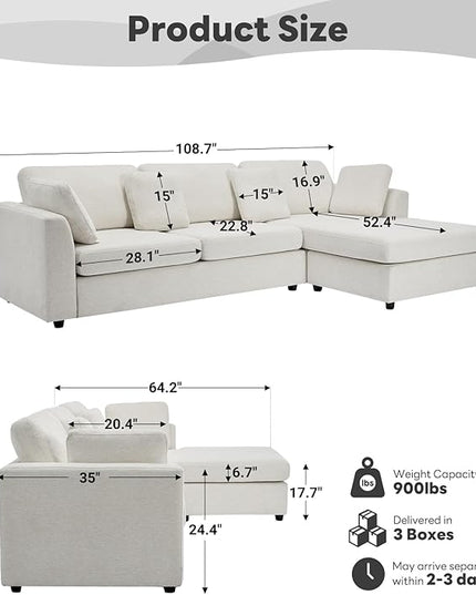 Tbfit L Shaped Couch, Oversized 108" Modular Sectional Sofa with Convertible Chaise, Comfy 4 Pillows Sofa for Living Room, White