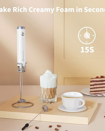 Maestri House Rechargeable Milk Frother with Stand, LunaFro Handheld Electric Foam Maker Waterproof Detachable Stainless Steel Whisk Drink Mixer Foamer for Lattes, Cappuccino