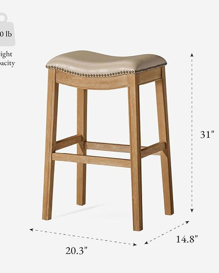 Maven Lane Adrien Backless Bar Stool – 31 Inch Saddle Seat with Footrest – Brown Solid Wood Frame & Beige Faux Leather Upholstery – Ideal for Bars, Pub Tables & Tall Kitchen Counters