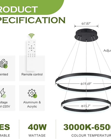 2-Rings Modern LED Chandelier Black for Dining Room, Circular Flush Mount Ceiling Chandelier Light Dimmable Pendant Light with Remote Control for Living Room Entrance Foyer, 3000K-6500K