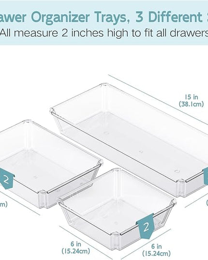 6 Pack Large Clear Plastic Drawer Organizer Trays, Desk Drawer Organizers and Storage Dividers, Non-Slip Storage Bins for Jewelry, Snacks, Office, Bathroom, Bedroom and Kitchen