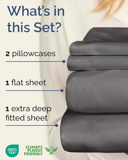 Extra Deep Twin Sheet Set - 4 Piece Breathable and Cooling Sheets - Hotel Luxury Bed Sheets Set - Easy & Secure Fit - Soft, Wrinkle Free and Comfy Sheets Set - Grey Sheet Set with Extra Deep Pockets