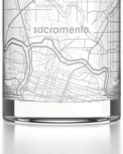 Well Told Engraved Sacramento California Map Rocks Glass, Old Fashioned Glassware (11 oz, Clear) Etched Bourbon Tumbler, Gifts For Whiskey Lovers