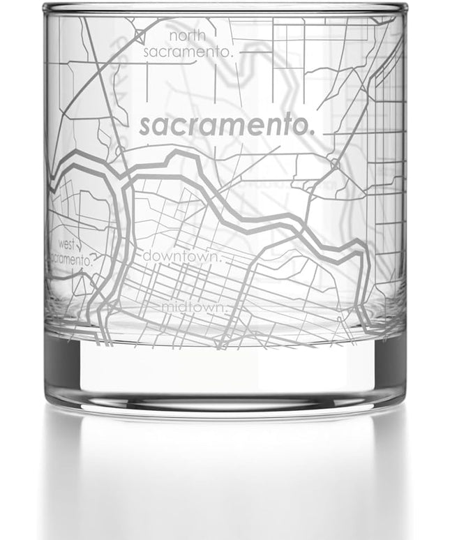 Well Told Engraved Sacramento California Map Rocks Glass, Old Fashioned Glassware (11 oz, Clear) Etched Bourbon Tumbler, Gifts For Whiskey Lovers