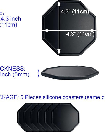 6 Pieces Silicone Coasters, Octagon Shape Hot Cup Mat for Drinks, Heat Resistant Glass Cushion, Coffee Coaster for Table, Desk, Kitchen, Office, Bar Protection (Black)
