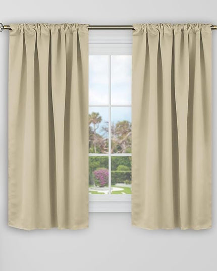 BGment Black Out Curtains 48 Inch Long for Cafe - 34 x 48 inch Blackout Curtains Thermal Insulated Room Darkening Rod Pocket and Back Tab Drapes for Kitchen/Bedroom, 2 Window Panels, Beige