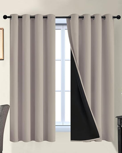 Yakamok 100% Blackout Curtains 63 Inches Long, 2 Thick Layers Heat and Full Light Blocking Soft Thermal Insulated Drapes for Bedroom(52" Wide Each Panel, Natural, 2 Panels)