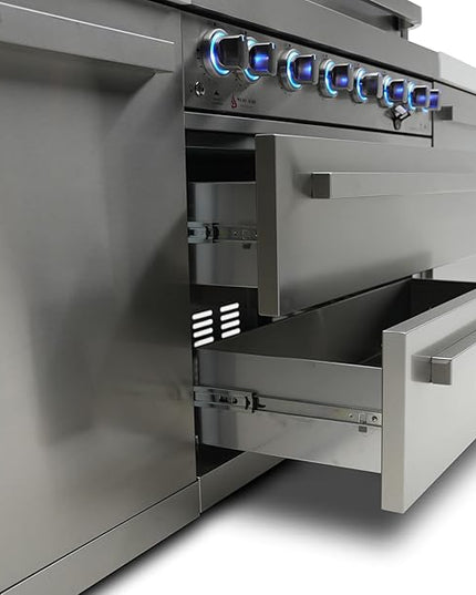 Mont Alpi Premium 4-Burner 107" Deluxe Stainless Steel Island Modular Outdoor Kitchen Island BBQ Gas Grill + Infrared Side & Rear Burners + Refrigerator + Storage Drawers and Cabinets + Rotisserie Kit