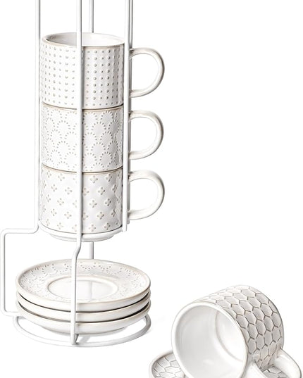 LE TAUCI Stackable Espresso Cups 4 oz with Saucers and Stand, Ceramic Embossment Coffee Cup for Double shot, Lungo, Ristretto, Dishwasher Oven Safe - Set of 4, Arctic white