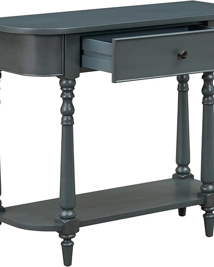HMFULE Retro Curved Console Table, 36" Solid Wood Half Moon Console Table Sofa Table Entryway Table with 1 Drawer 1 Open Shelf Roman Legs Curved Corners for Living Room,Entryway,Hallway,Navy