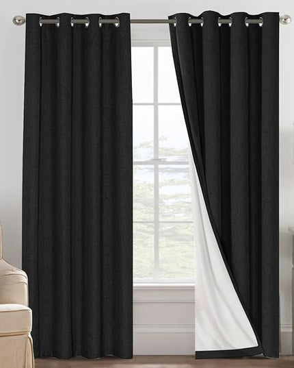 H.VERSAILTEX Bedroom Curtains Blackout Linen Blackout Curtains 84 Inches Long, 100% Blackout Thermal Textured Linen Look Curtain Draperies Grommet with White Liner, 2 Panels, Black