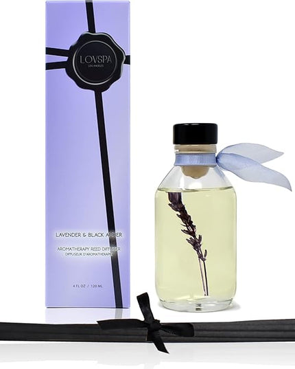 LOVSPA Reed Diffuser Set, Lavender & Black Amber Scented Oil Diffuser with Sticks, Home Fragrance Accessories for Bathroom Shelf Decor, Aroma Diffusers for Home or Office Desk, USA Made