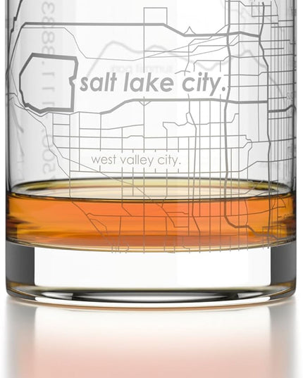 Well Told Engraved Salt Lake City Utah Map Rocks Glass, Old Fashioned Glassware (11 oz, Clear) Etched Bourbon Tumbler, Gifts For Whiskey Lovers