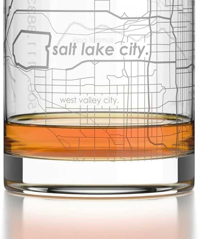 Well Told Engraved Salt Lake City Utah Map Rocks Glass, Old Fashioned Glassware (11 oz, Clear) Etched Bourbon Tumbler, Gifts For Whiskey Lovers