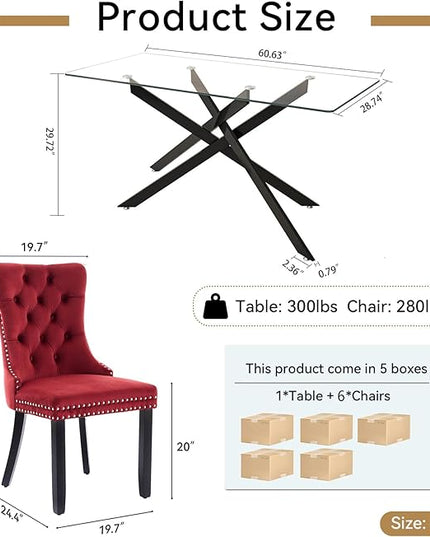 Modern 7-Piece Glass Dining Table Set for 6, Modern 60" Rectangle Black Glass Dining Room Table Set with Burgundy Velvet Tufted Chairs Wood Legs for Kitchen Dining Room