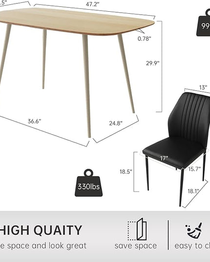 47.2'' Modern Solid Wood Dining Table Set for 4 with Scratch-Resistant Surface & 4 Black Leather Chairs - Cat-Friendly Kitchen Dining Room Furniture Set