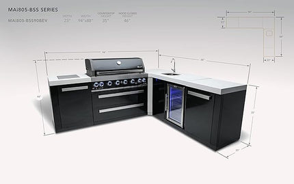 Mont Alpi MAi805-BSS90BEV Burner 115000 BTU L-Shaped 90 Degree Corner Black Stainless Steel Gas Modular Outdoor Kitchen Island BBQ Grill with Beverage Center Refrigerator + 2 Infrared Burners +Storage
