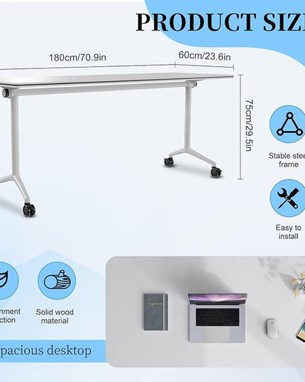 Conference Table, Folding Conference Room Tables, Modern Flip Top Seminar Training Meeting Table with Wheels, Modular Foldable Conference Tables for Home Office Classr (White 6 Pack, 70.8inch)