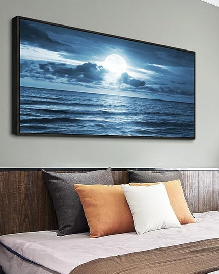 Black Framed Wall Art For Living Room Decorations Photo Prints - Blue Sea View The Moon Landscape - Modern Home Decor The Room Stretched And Framed Ready To Hang Artwork (Blue Ocean&Moon, 24x 48inch)