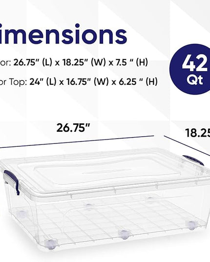 Superio Storage Bins with Lids- Clear Boxes for Organizing, Stackable Plastic Containers- BPA Free, Non-Toxic, Odor Free, Organizer for Home, Office, Dorm (8 Pack, 42 Qt (Under Bed-Wheeled))