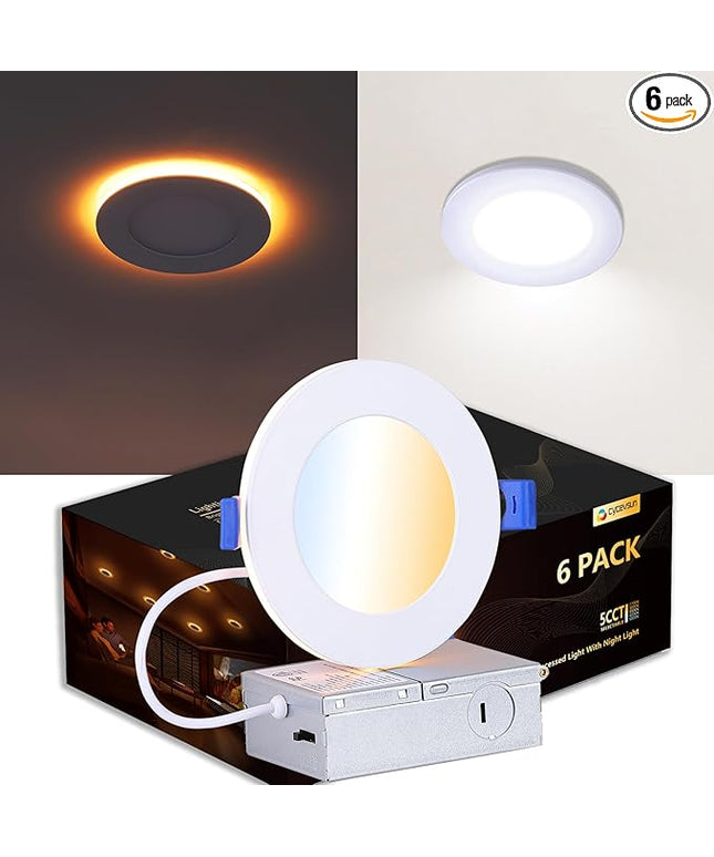 CycevSun Recessed Lighting 4 Inch with Night Light, Dimmable 5CCT Canless Ultra Thin Wafer Downlight Soffit with Junction Box, 9W, ETL & Energy Star, 6 Pack