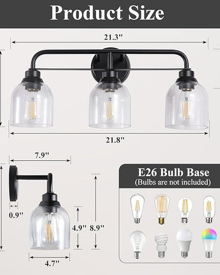 3 Light Matte Black Vanity Lights for Bathroom, Bathroom Light Fixtures Over Mirror with Clear Glass Shade, Ceramic E26 Sockets Wall Mounted