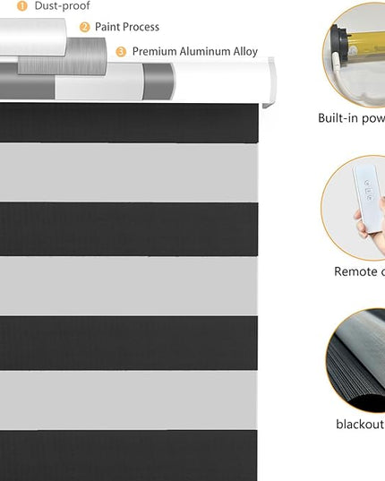 Motorized Zebra Blinds Rechargeable with Remote Blackout Cordless Zebra Shade Smart Electric Curtains for Windows and Privacy Light Filtering Roller Shades, 31" W x 72" H Black