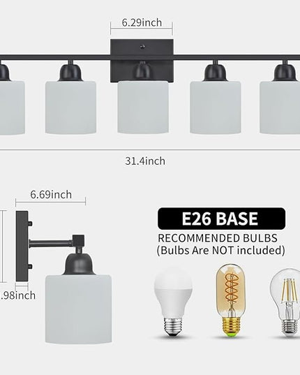 5-Light Black Bathroom Vanity Light, Black Vanity Light with Milky White Frosted Glass Shades, Modern Vanity Light Fixture for Bathroom Mirror, Bedroom, Living Room, Hallway, Vanity Table, E26 Base