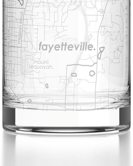 Well Told Engraved Fayetteville Arkansas Map Rocks Glass, Old Fashioned Glassware (11 oz, Clear) Etched Bourbon Tumbler, Gifts For Whiskey Lovers