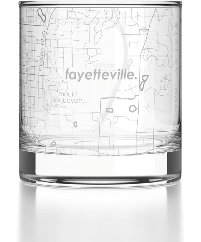 Well Told Engraved Fayetteville Arkansas Map Rocks Glass, Old Fashioned Glassware (11 oz, Clear) Etched Bourbon Tumbler, Gifts For Whiskey Lovers