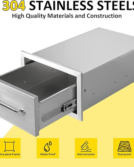 Outdoor Kitchen Drawers 14" W x 8.5" H x 23" D Flush Mount Single BBQ Drawers with Chrome Handle Built-in Stainless Steel Drawer for Outdoor Kitchen Island, Patio Grill Station