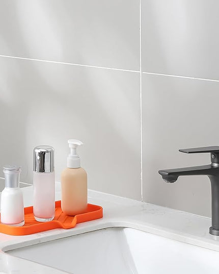 Silicone Bathroom Soap Dishes with Drain Spout-Bathroom and Kitchen Sink Organizer,Sponge Holder,Dish Soap Tray,Perfect for Dispenser,Scrubber,Bottle,Cup on Sink or Counter-Orange 9.6"×5.3"