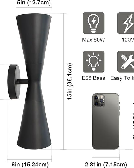 Wall Sconce Bathroom Sconces Lighting, 15 inch Black Modern Sconces Up Down Lights Wall Decor Indoor Wall Light Fixtures for Living Room Hallway Staircase Bedroom Hardwired