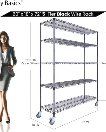 NSF Commercial 5-Tier Wire Shelving with Wheels, 60"x18"x72" Heavy Duty Metal Shelves 4000 lbs Max Capacity, Black Storage Rack for Garage Kitchen Pantry Warehouse