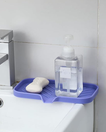 Silicone Bathroom Soap Dishes with Drain Spout-Bathroom and Kitchen Sink Organizer,Sponge Holder,Dish Soap Tray,Perfect for Dispenser,Scrubber,Bottle on Sink or Counter-Light Purple 9.6"×5.3"