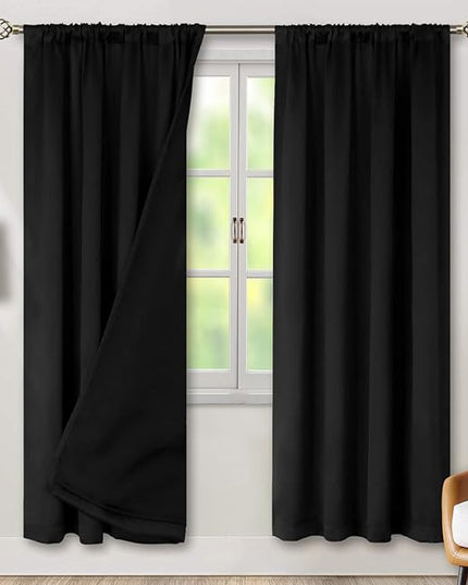 BGment Thermal Insulated 100% Blackout Curtains for Bedroom with Black Liner, Double Layer Full Room Darkening Noise Reducing Rod Pocket Curtain (52 x 72 Inch, Black, 2 Panels)