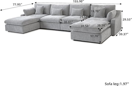 WJShome 160" Cloud Couch Modular Sectional for Living Room, Down Filled U Shaped Couch with Ottoman,Modern 6 Seater Convertible Couches, Sofa Covers Washable&Replaceable,Gray