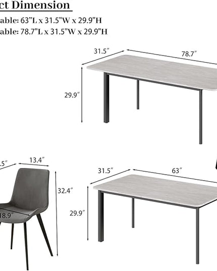 63"- 78.7" Extendable Dining Table Set for 6, Modern Kitchen Table with 6 Dining Chairs for 4-6 Person, Thickened Expandable Wooden Table with Metal Legs for Dining Room, Kitchen