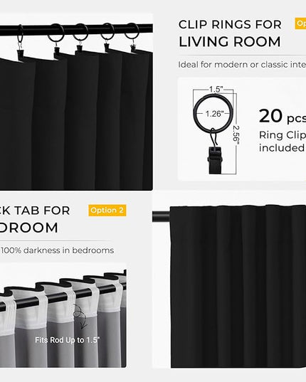 INOVADAY 100% Blackout Curtains for Bedroom, Black Out Curtains 108 Inch Long, Clip Rings Linen Blackout Drapes, Thermal Insulated Room Darkening for Living Room, 2 Panels - Black,W50xL108