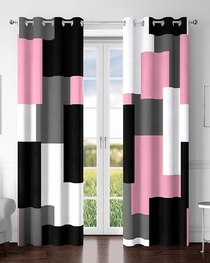 Pink 100% Blackout Curtains for Bedroom 84 inch Length 2 Panels Set White Grey Modern Abstract Geometric Black Out Curtains Insulated Room Darkening Window Drapes for Girls Living Room, 52Wx84L