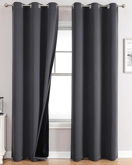 ChrisDowa 100% Blackout Curtains 72 inch Long for Bedroom with Black Liner, 2 Thick Layers Total Blackout Thermal Insulated Grommet Window Curtains 2 Panels Set (Dark Grey, 42 x 72 Inch)
