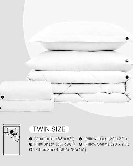 Love's cabin Twin Comforter Set White, 5 Pieces Twin Bed in a Bag, All Season Bedding Sets with 1 Comforter, 1 Flat Sheet, 1 Fitted Sheet, 1 Pillowcase and 1 Pillow Sham