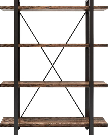 4 Tier Bookshelf Solid Wood Bookcase and Book Shelves Wood and Metal Shelving Rustic Open Bookshelf Office,Distressed Brown (AY-02-4Tier)