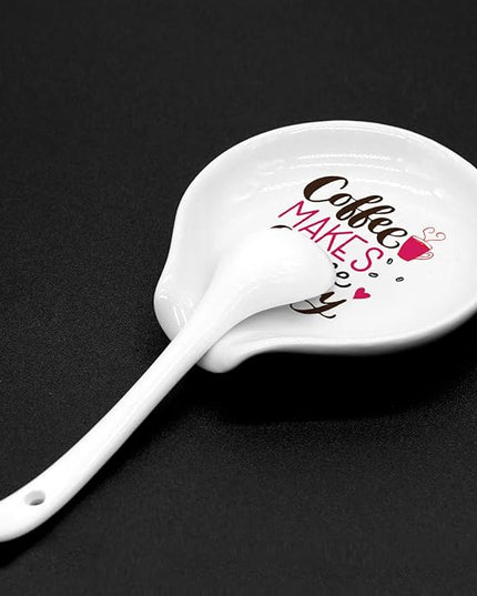Funny Coffee Quote Colored Pattern Ceramic Coffee Spoon Holder-Coffee Spoon Rest -Coffee Station Decor Coffee Bar Accessories-Coffee Lovers Gift for Women and Men (Coffee Makes Me Happy)