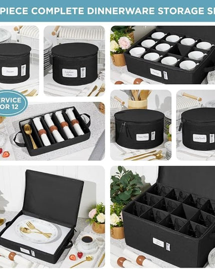 Hard Shell China Storage Containers 8-Piece Set Moving Boxes for Dinnerware, Glasses, Plates, Mugs and Saucers Sturdy Dish Organizer with Dividers for Seasonal Storage - Service for 12 - Black