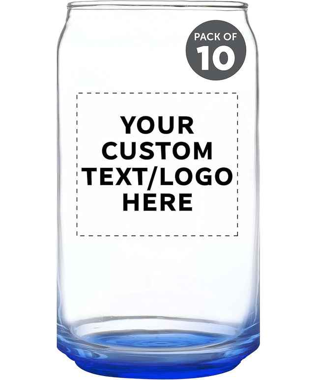 Custom Beer Can Glasses Set of 10, 16 oz. Pint Sized, Promotional Text, Logo, Soda Can Shape, Glassware, Blue