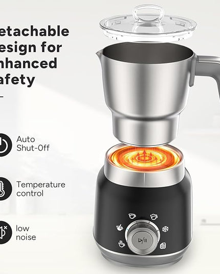 6-in-1 Electric Milk Frother and Steamer with Detachable Cups, Automatic Cold and Warm Foam Maker for Lattes/Cappuccinos/Hot Chocolate, Dishwasher Safe Black