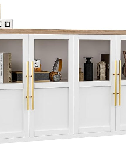 Sideboard Buffet Cabinet, 55" Large Modern Farmhouse Storage Cabinet Table with 4 Glass Doors and Shelves, Multi-Room Use for Kitchen, Dining Room, Living Room, and Hallway