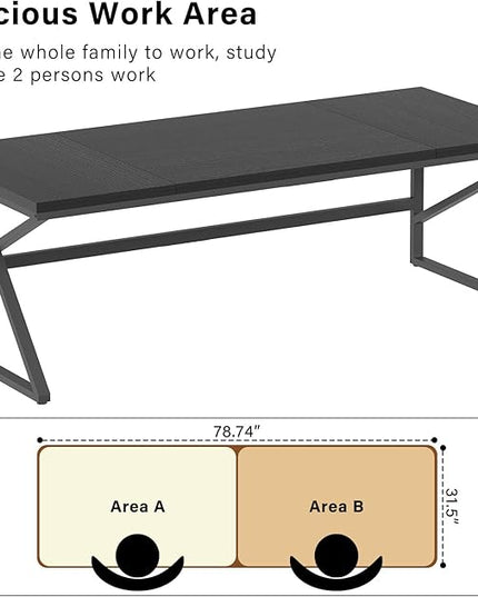 HSH Extra Long Black Computer Desk, 78 inch Large Home Office 2 person Desk, Industrial Metal Wood double Desk for Executive Work Writing Study, Modern Black Bedroom Living Room PC Laptop Gaming Table